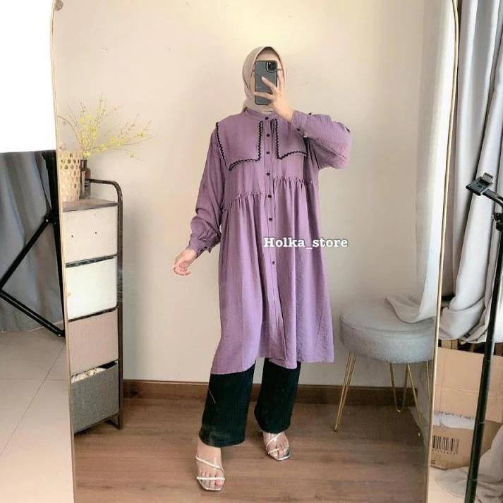 Tunik Renda Layer Jumbo Wanita Polo Linen Kancing Busui Frendly