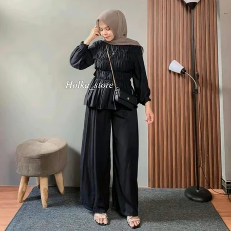 Nafisa Oneset-Atasan Kerut/Celana Kulot/Bahan Rayon/Simple/Santai/Nyaman